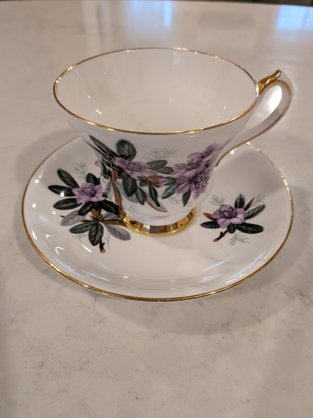 Society Bone China White Porcelain Tea Cup and Saucer with Purple Floral